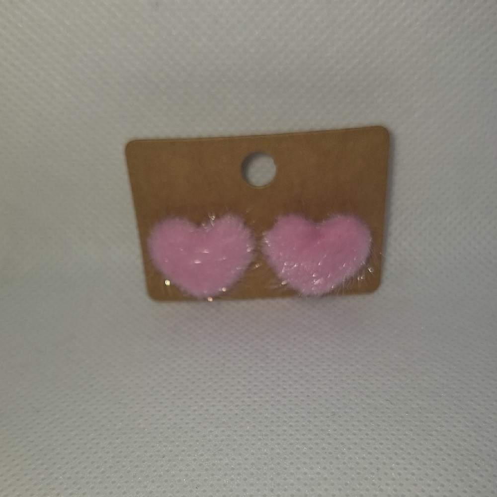 Pink Heart-Shaped Fuzzy Stud Earrings